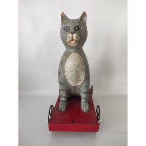 Vtg Primitive Folk Art Cat Hand Carved/Painted Wooden Pull Toy Unsigned Rare